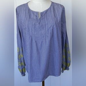 Wrangler Retro Blue Pinstripe Notch Neck Embroidered Top Size‎ Large